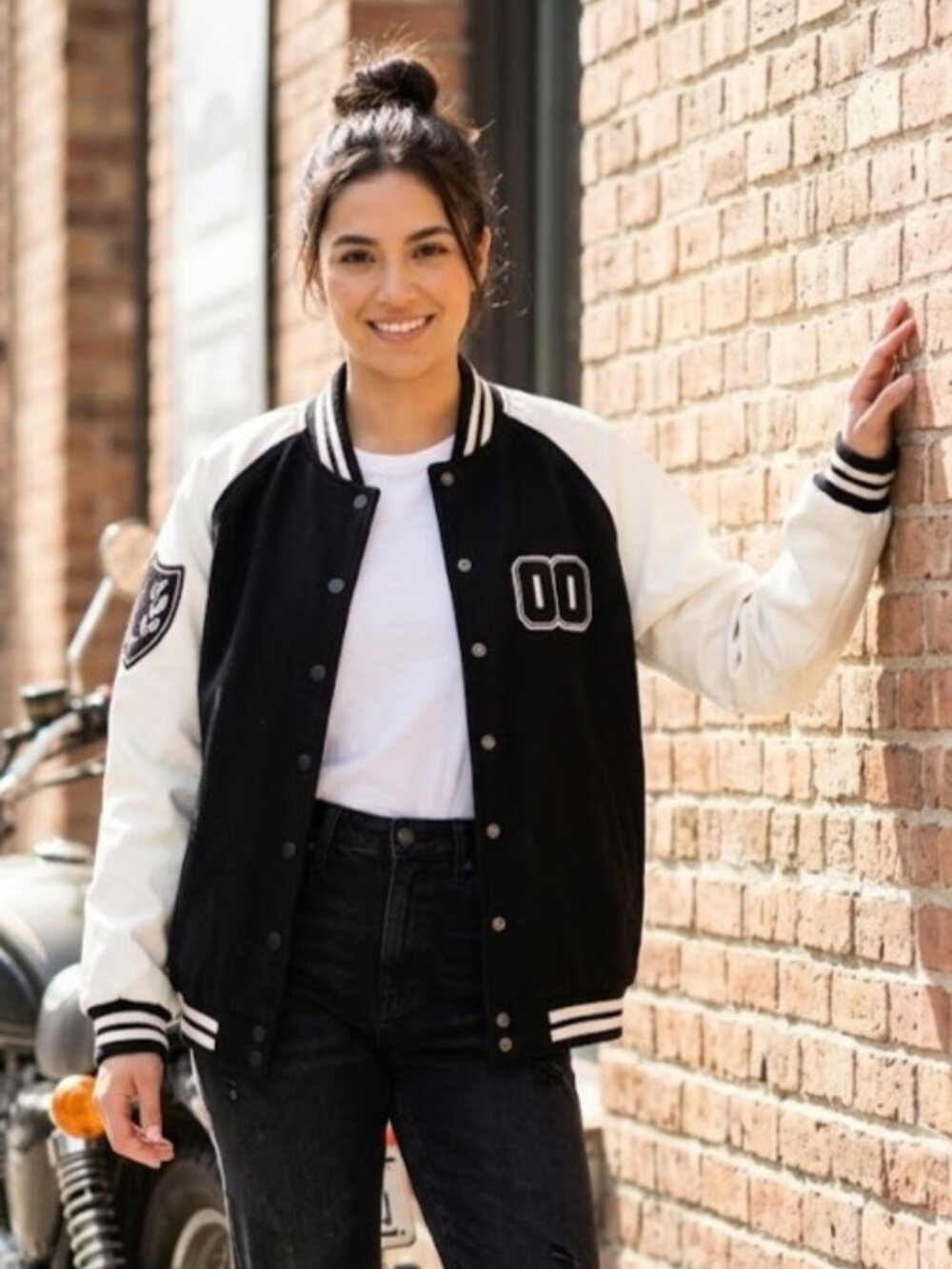 Wild Fable Varsity Jacket Black White Faux Leather Sleeves Womens S